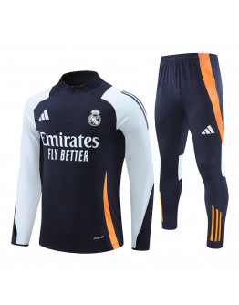 Real Madrid Tracksuits Long Sleeve Soccer Training Uniforms Dark Blue-White