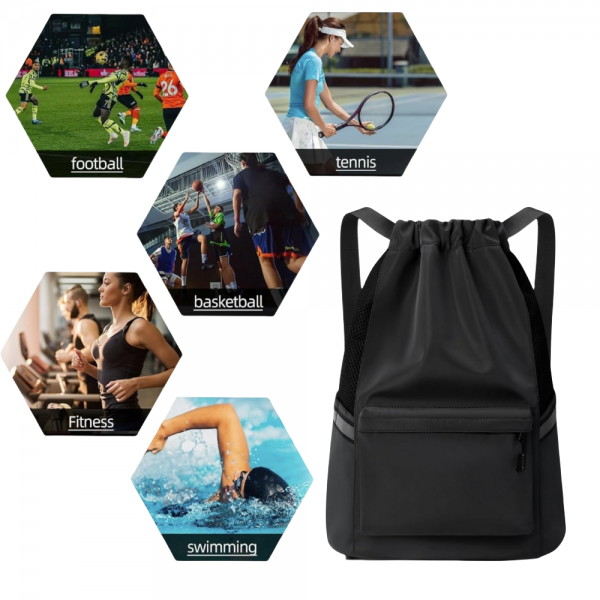 Valleycomfy Drawstring Backpack Sports Gym Backpack with Reflective Strips Water-Resistant String Beach Bag for Men Women Black